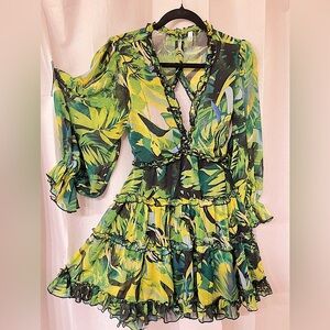 Whimsical forest fairy long sleeve Mini short sheer green yellow mosscore dress